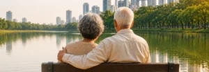 An elderly Malaysian couple sitting close together on a park bench, looking out across a lake towards the city skyline