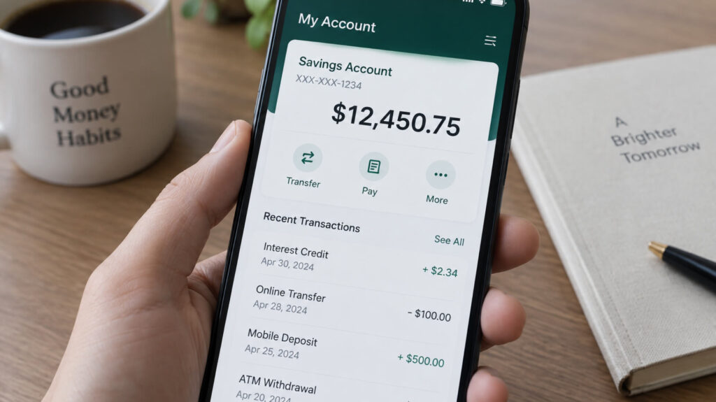 a close-up of a savings passbook, bank statement, or a phone banking app open on screen showing a balance