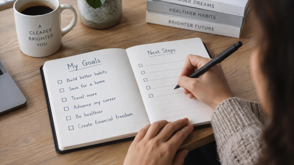 someone writing in a notebook or filling out a simple goals worksheet