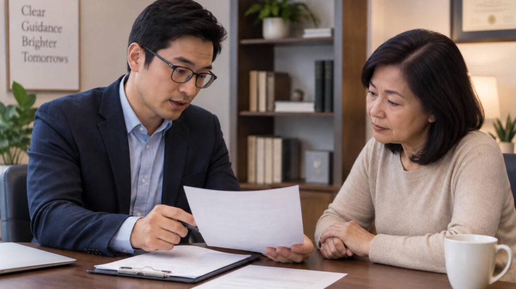 two people reviewing paperwork together across a desk, in a calm consultation setting