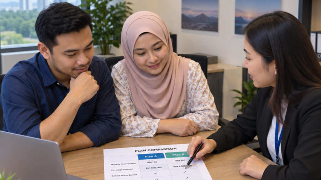 A Malaysian couple sitting at a table with an advisor, going through a printed side-by-side plan comparison. Focus on the paper and pen, faces relaxed.