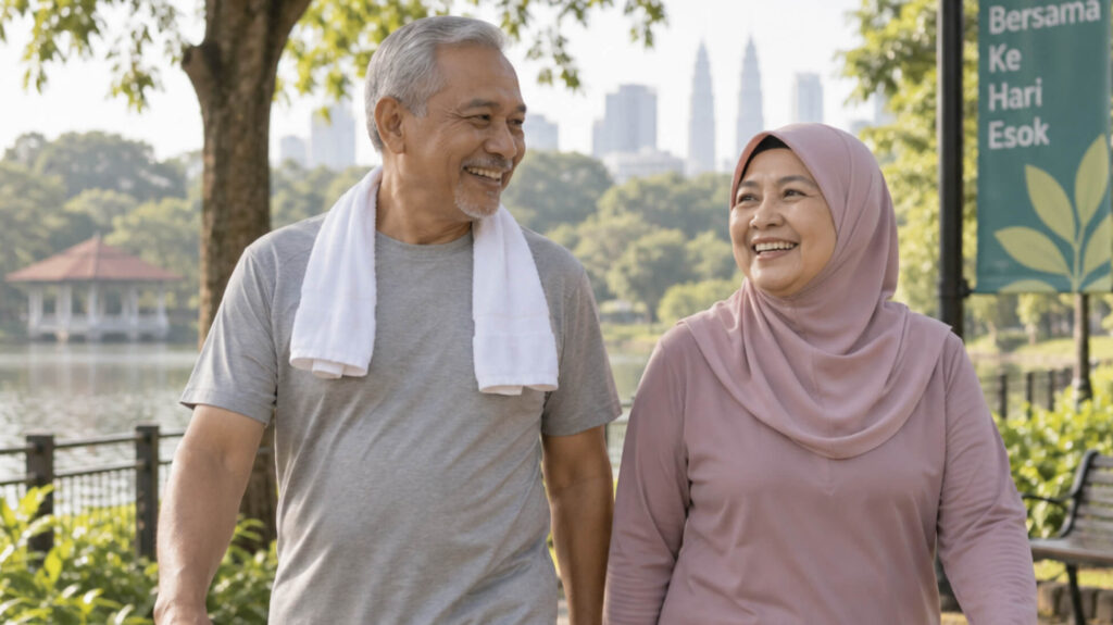 A Malaysian couple in their late 50s–60s, healthy and relaxed (morning walk in a park or having kopi together) — conveys peace of mind in later years